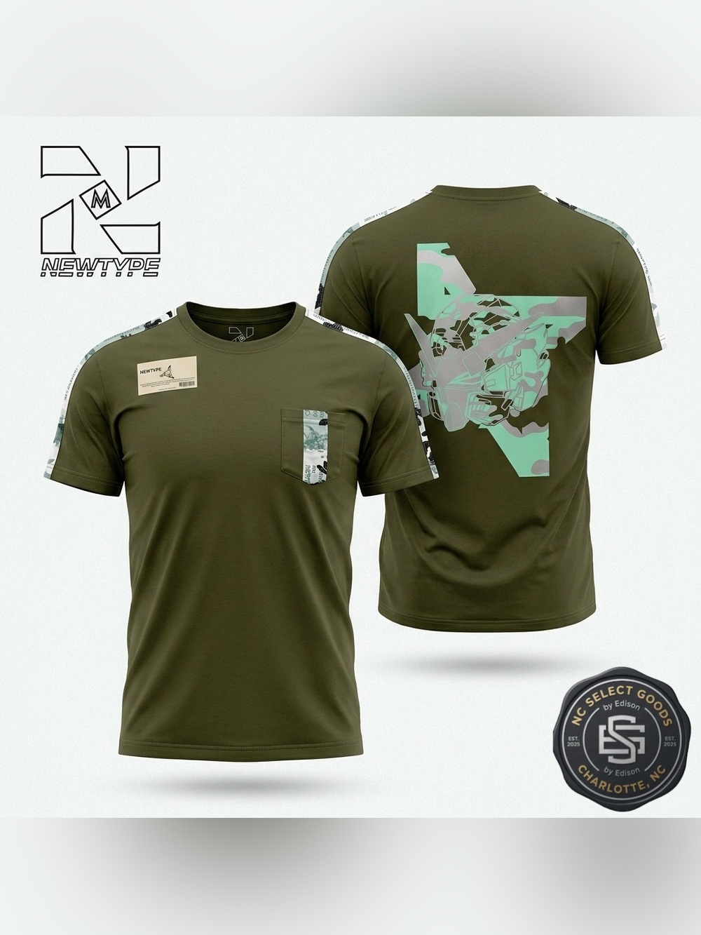 Newtype Gundam Camo Pocket T Shirt Mens Size M Olive Green Mecha Anime